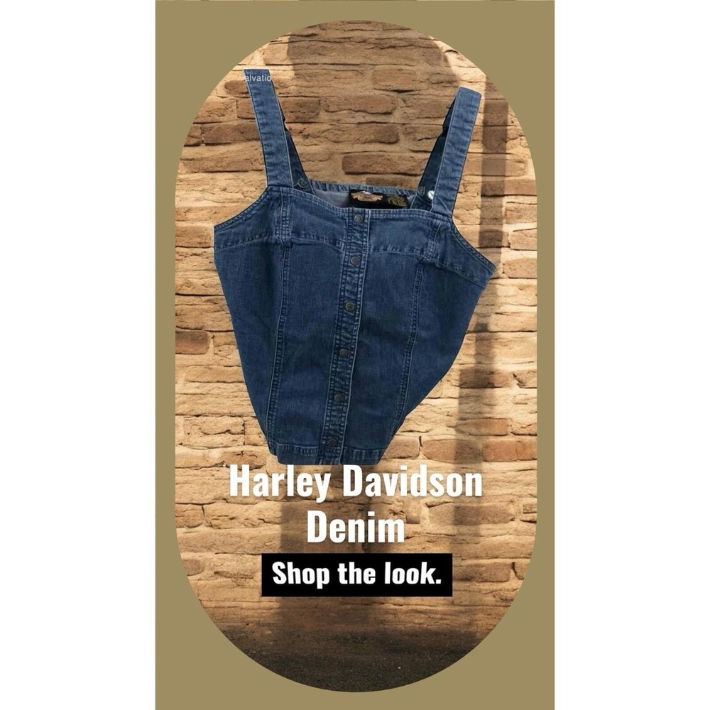 Vtg 90s Harley Davidson Jean Bustier Top Denim Snap Front Biker Festival moto-M - Picture 3 of 5